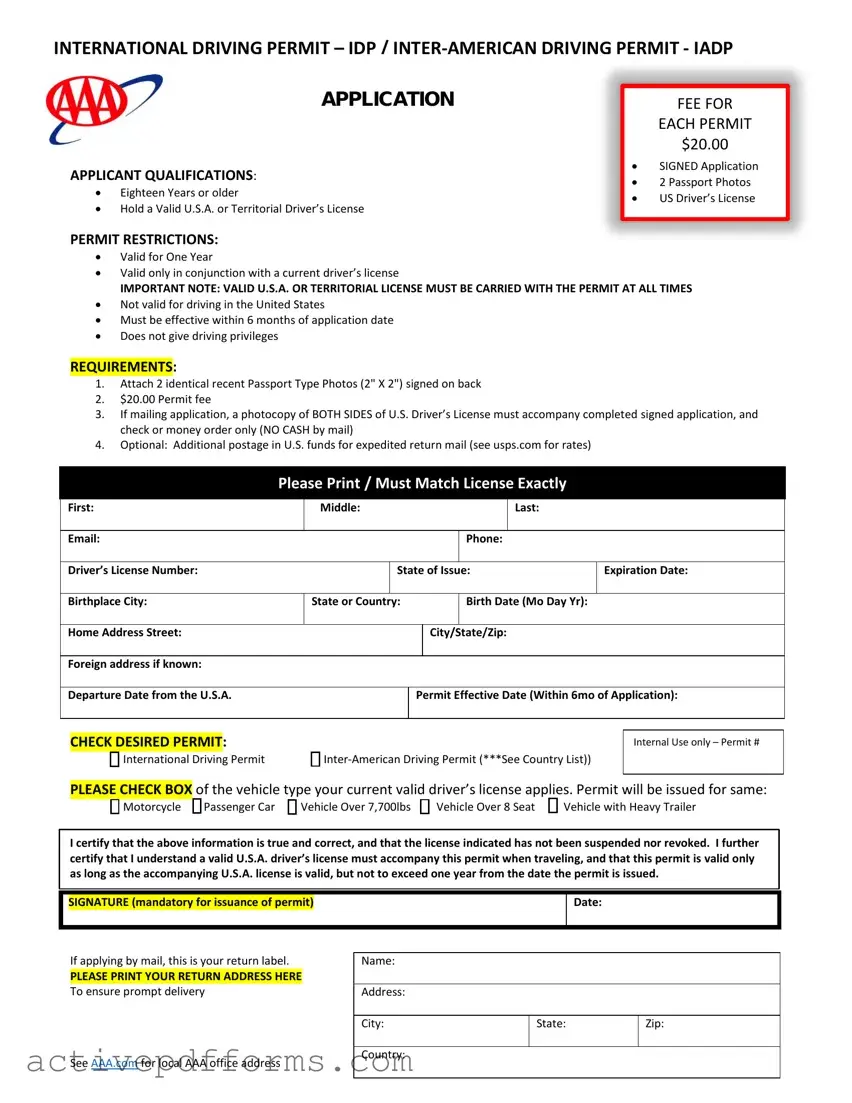 Free Aaa International Driving Permit Application PDF Template