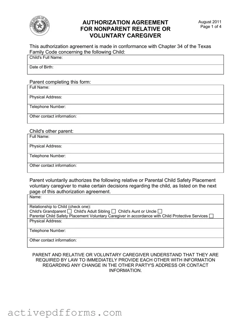 Free Agreement Nonparent Relative Caregiver PDF Template