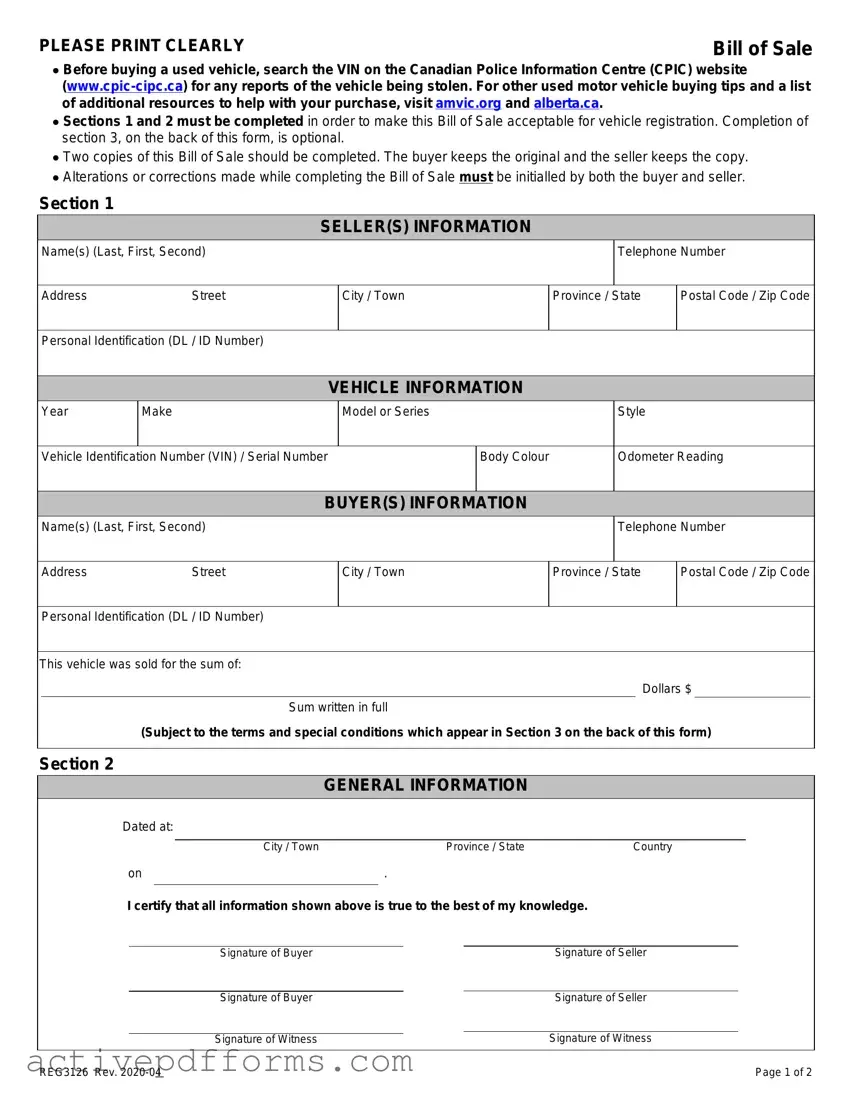 Free Alberta Bill Sale PDF Template