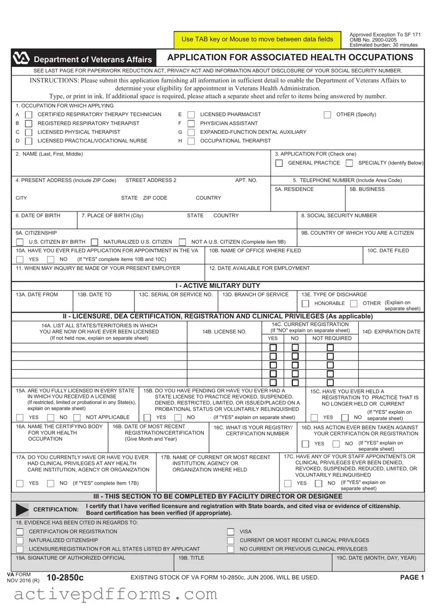 Free VA 10-2850c PDF Template