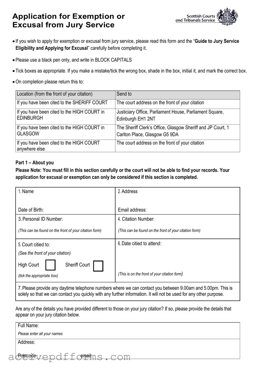 Free Application For Exemption Or Excusal From Jury Service PDF Template