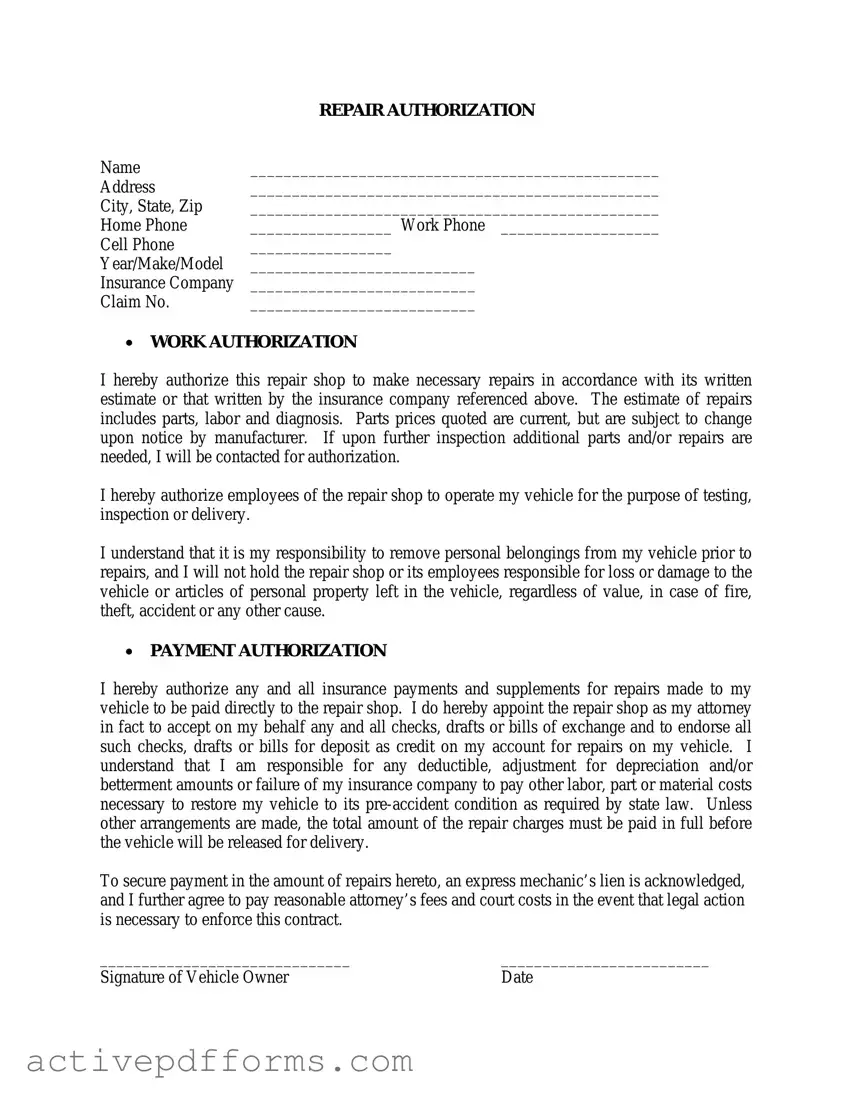 Free Authorization Repair PDF Template
