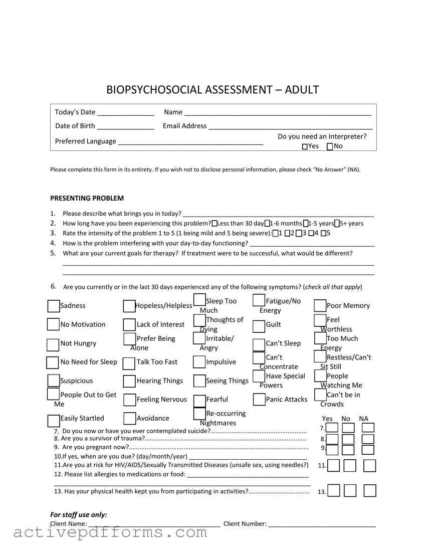 Free Biopsychosocial Assessment Social Work PDF Template