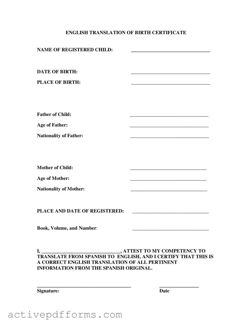 Free Birth Certificate Translation To English PDF Template