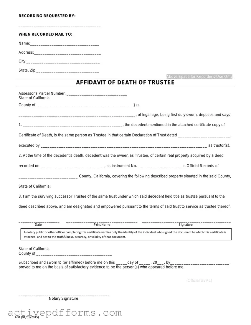 Free California Affidavit of Death of a Trustee PDF Template