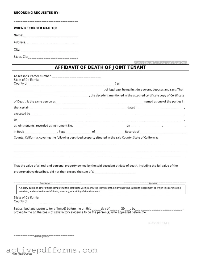 Free California Death of a Joint Tenant Affidavit PDF Template