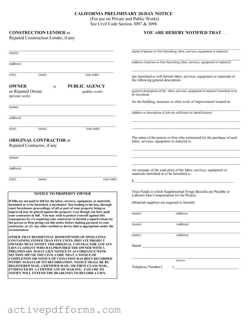 Free California Preliminary 20 Day Notice PDF Template