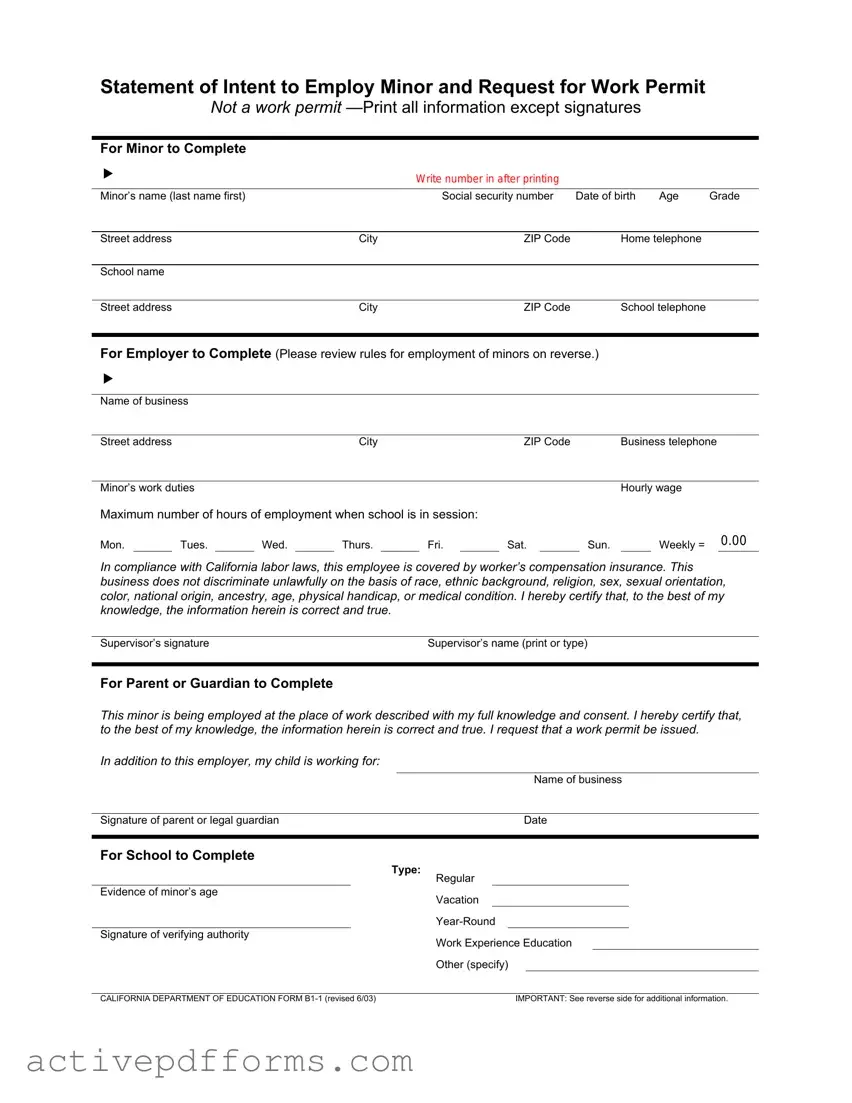 Free Statement of Intent to Employ Minor and Request for Work Permit PDF Template