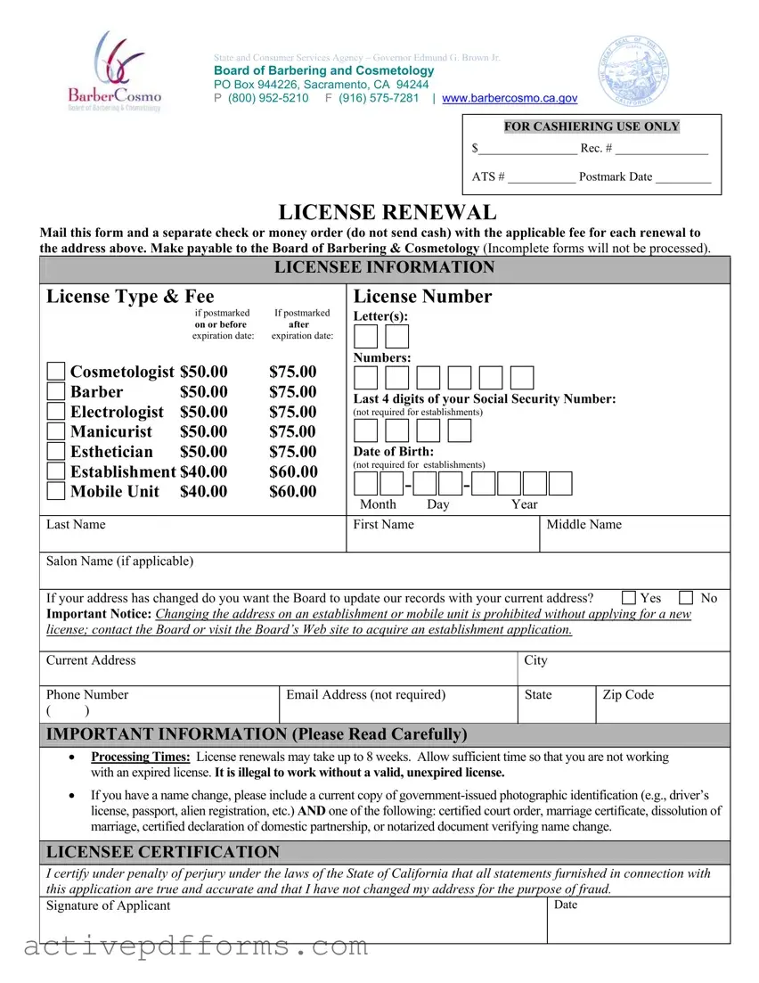 Free Cosmetology License Renewal California PDF Template