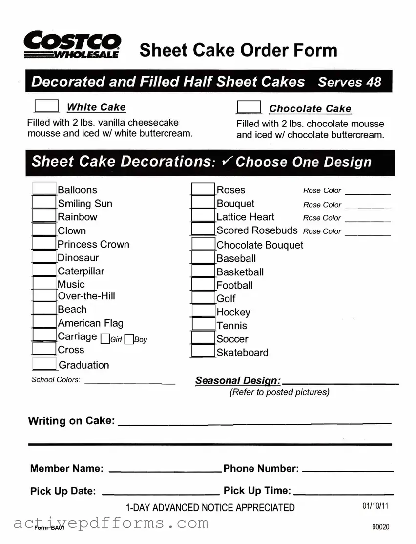 Free Costco cake order form PDF Template