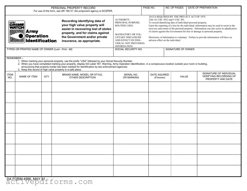 Free Da 4986 PDF Template