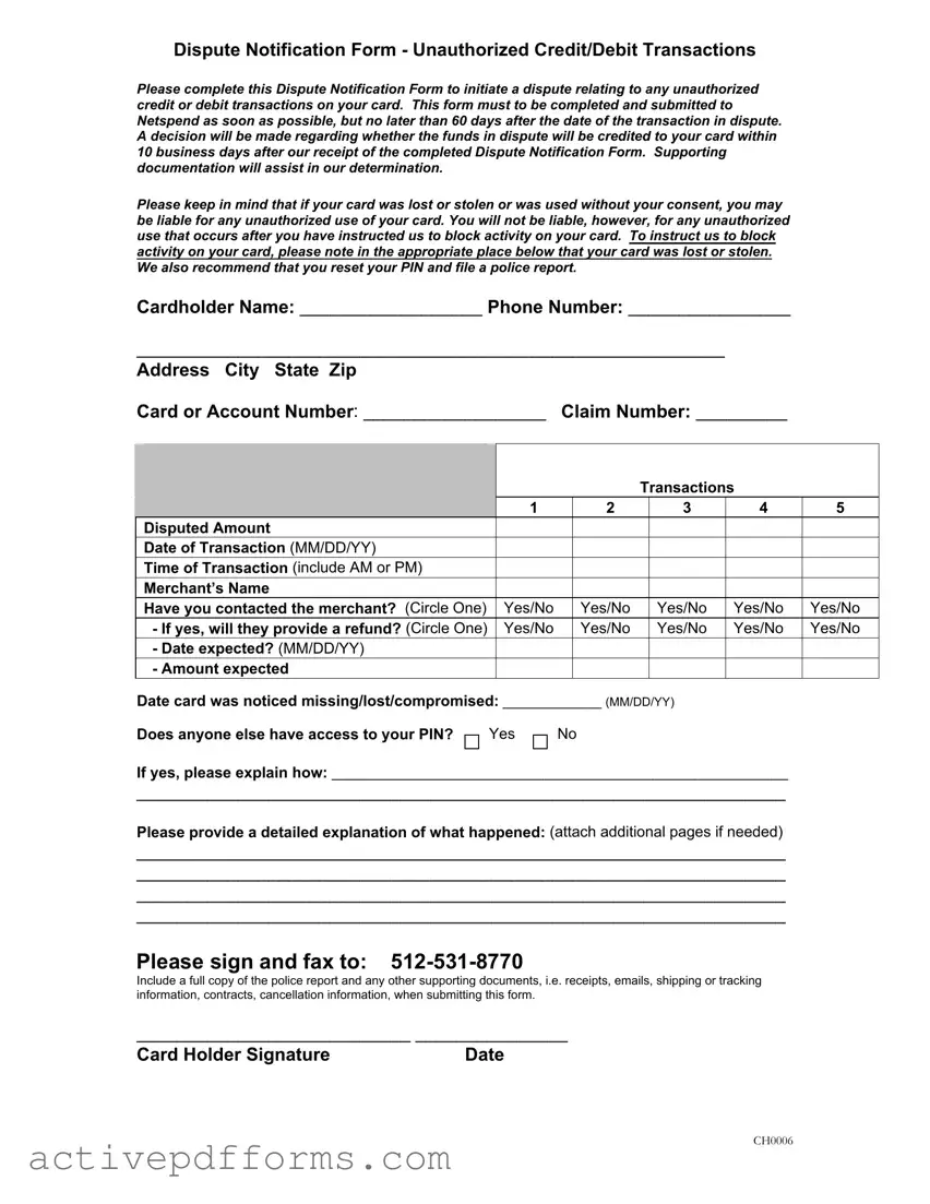 Free Netspend Dispute PDF Template