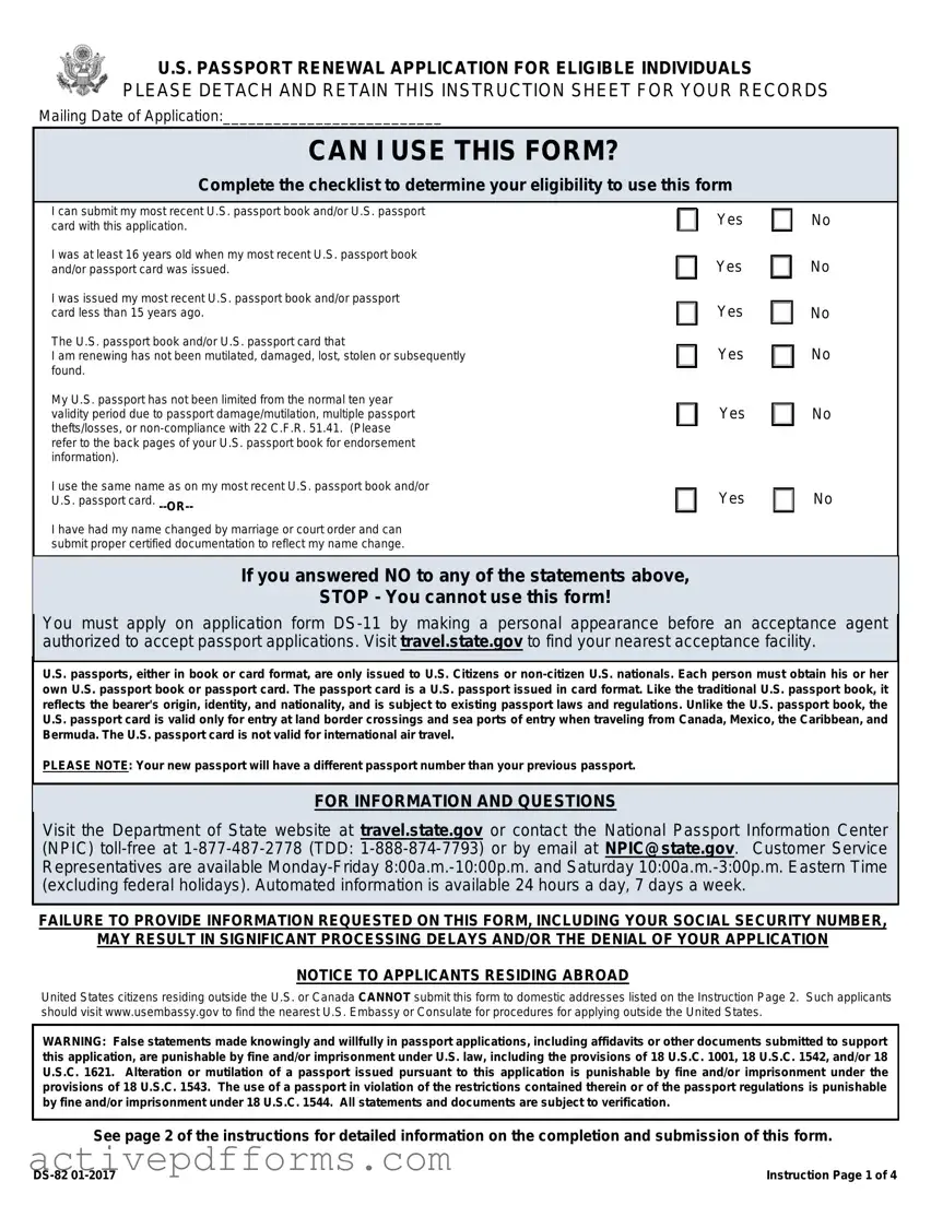 Free DS-82 01-2017 US Passport Renewal Application PDF Template