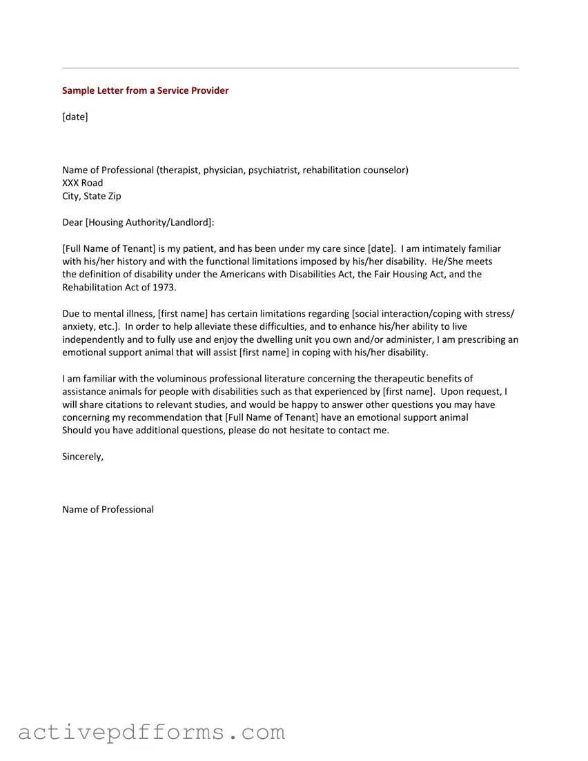Free Emotional Support Animal Letter PDF Template