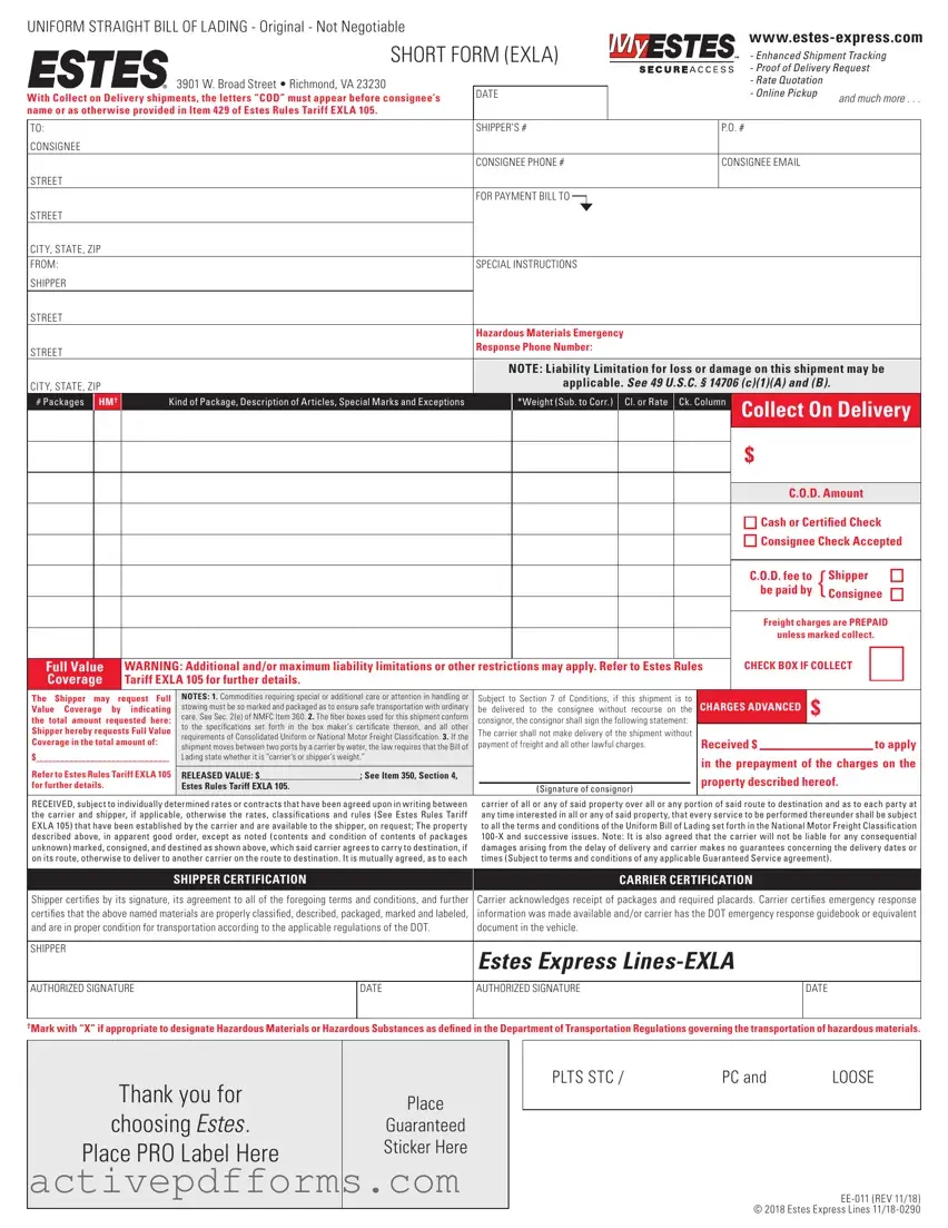 Free Estes Express Bill Of Lading PDF Template