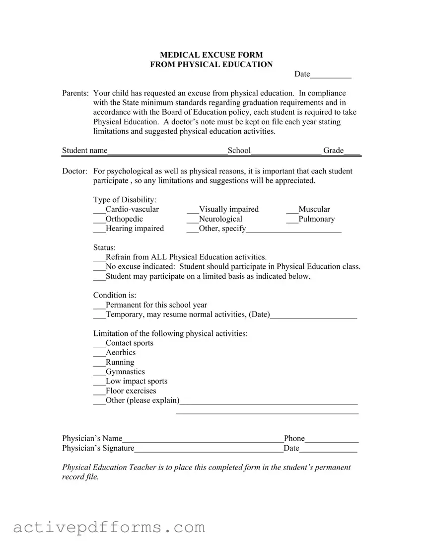 Free Excuse Physical Education PDF Template