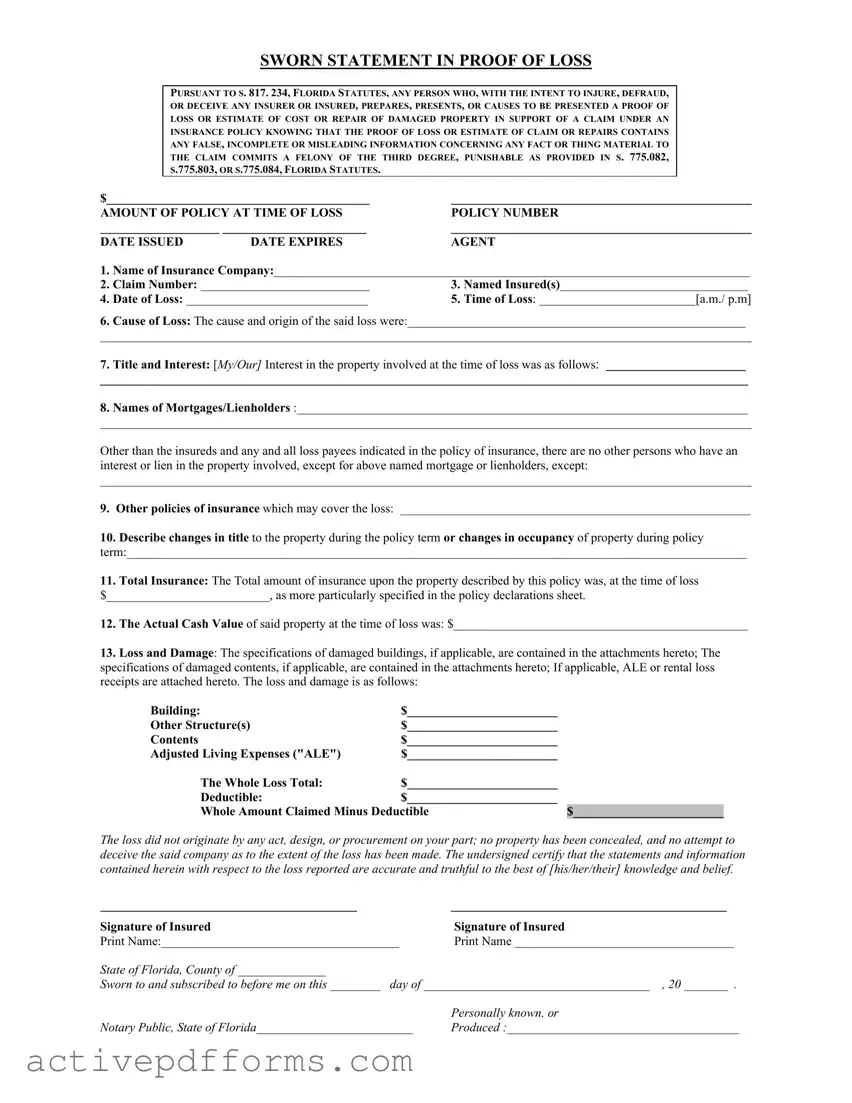 Free Florida Proof Loss PDF Template