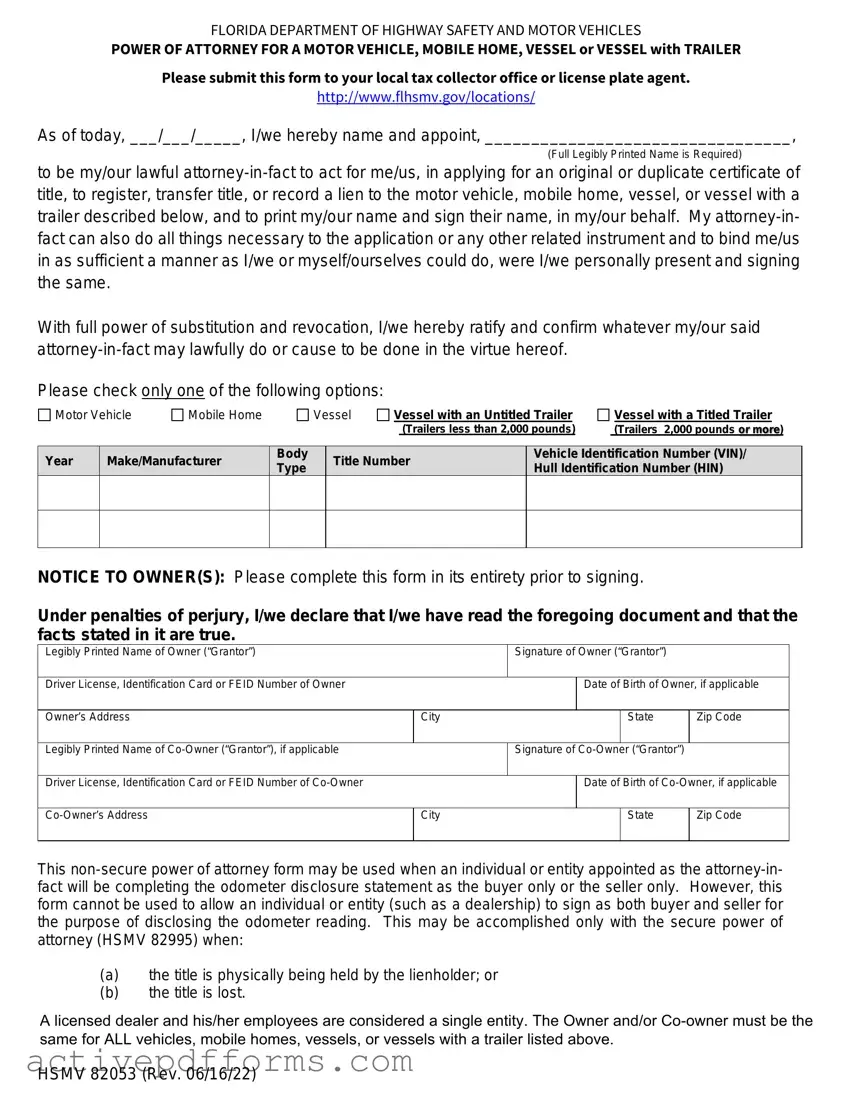 Free Florida Vehicle POA form 82053 PDF Template