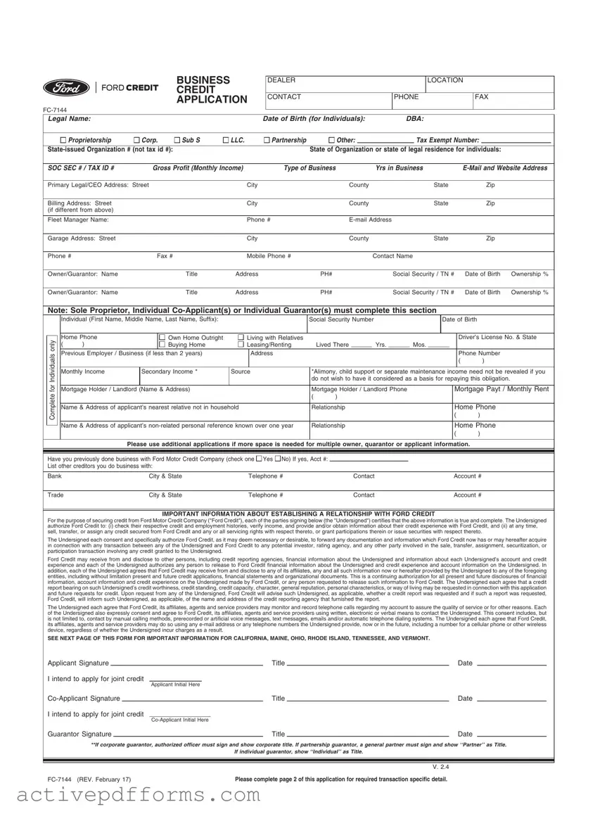 Free Ford Business Credit Application PDF Template
