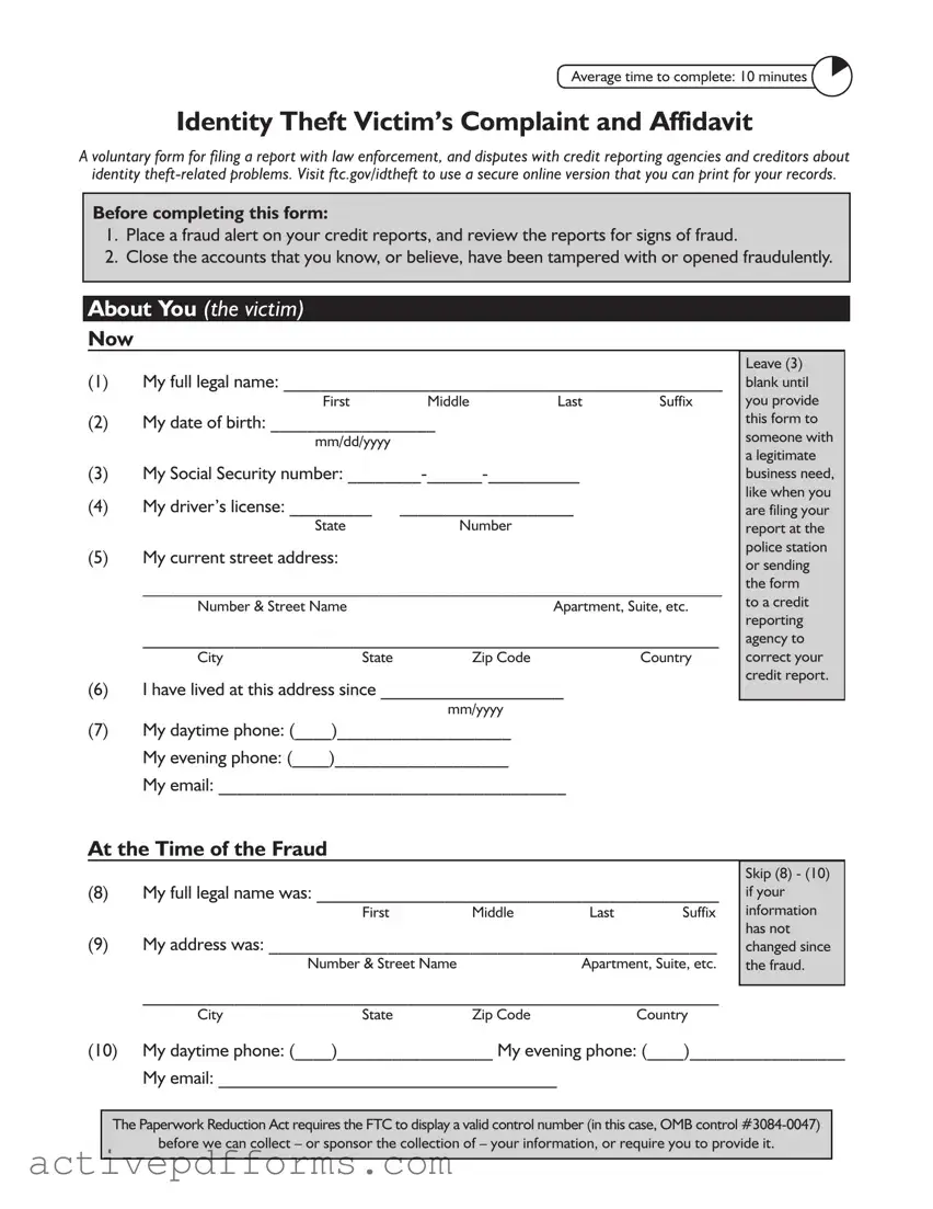 Free Ftc Identity Theft Affidavit PDF Template
