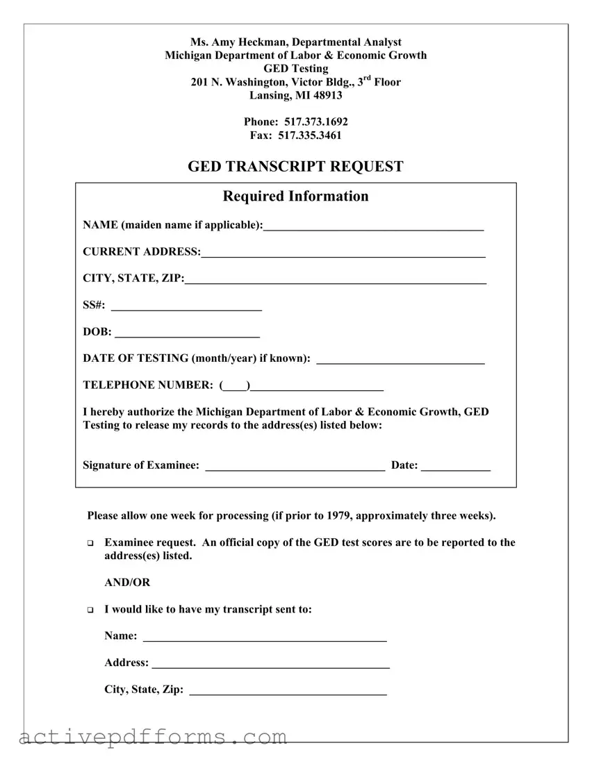Free Michigan Ged Transcript Request PDF Template