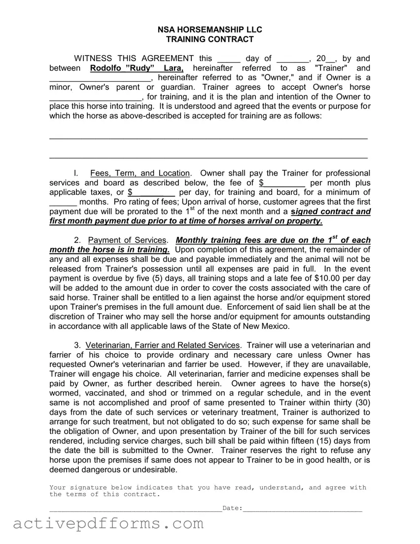 Free Horse Training Contract PDF Template