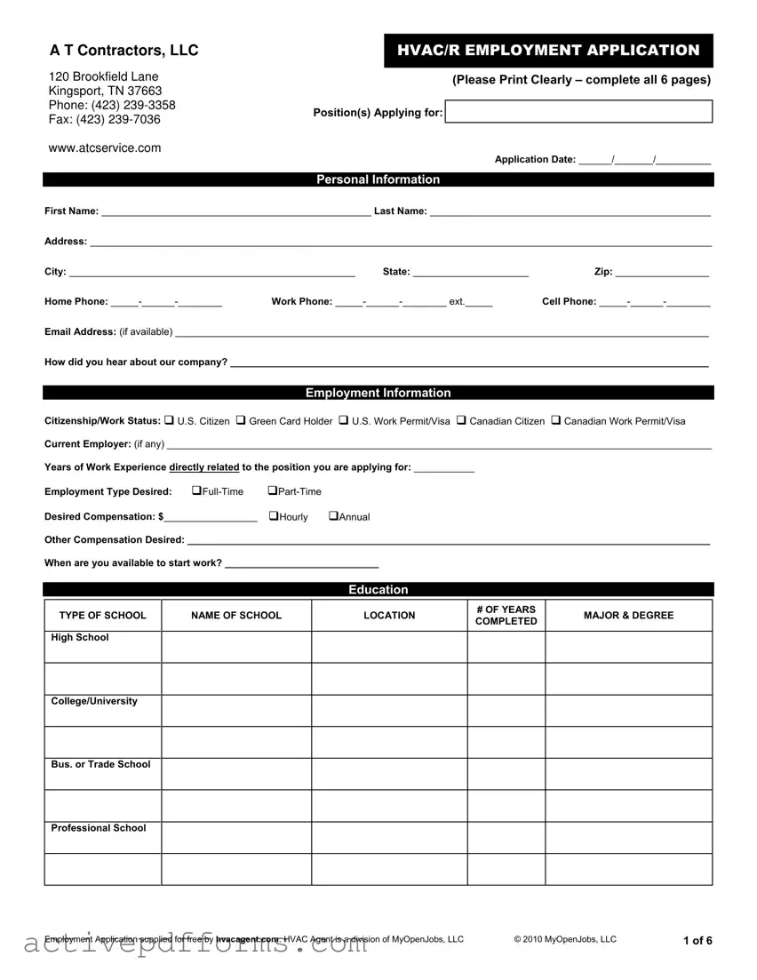 Free Hvac Job Application PDF Template