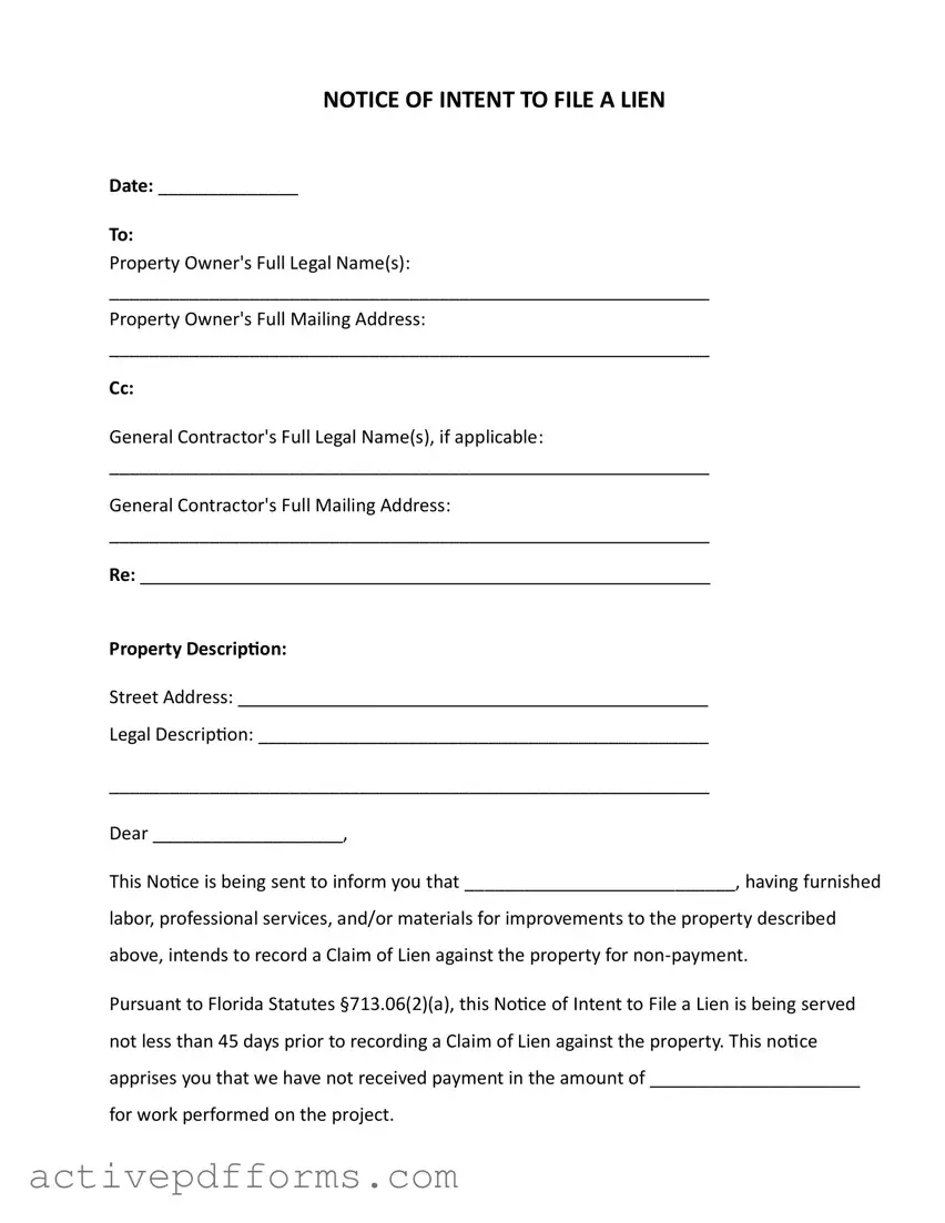 Free Intent To Lien Florida PDF Template