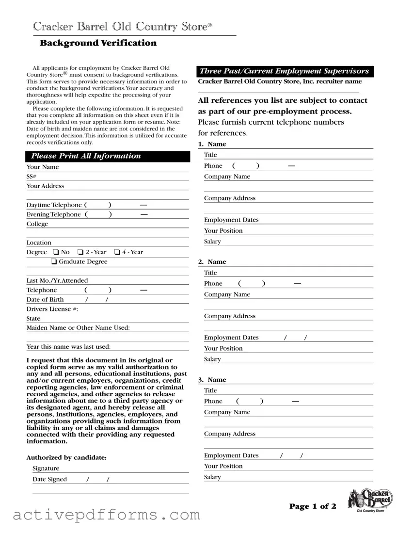 Free Cracker Barrel Background Check PDF Template