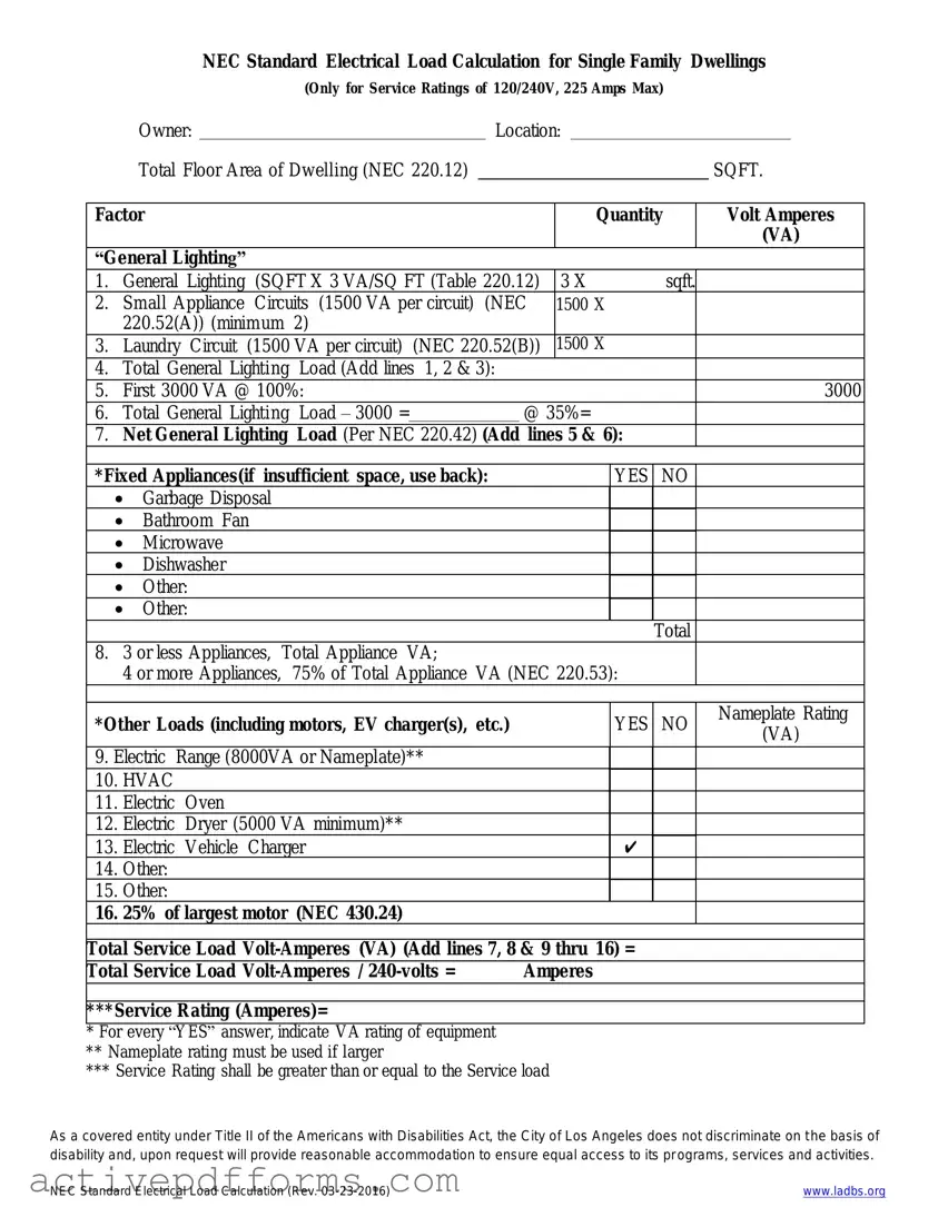 Free LADBS NEC Standard Electrical Load Calculation PDF Template
