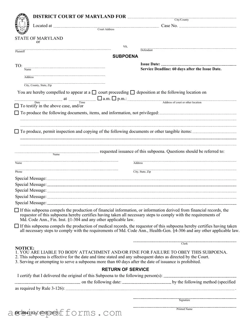 Free Md Subpoena PDF Template