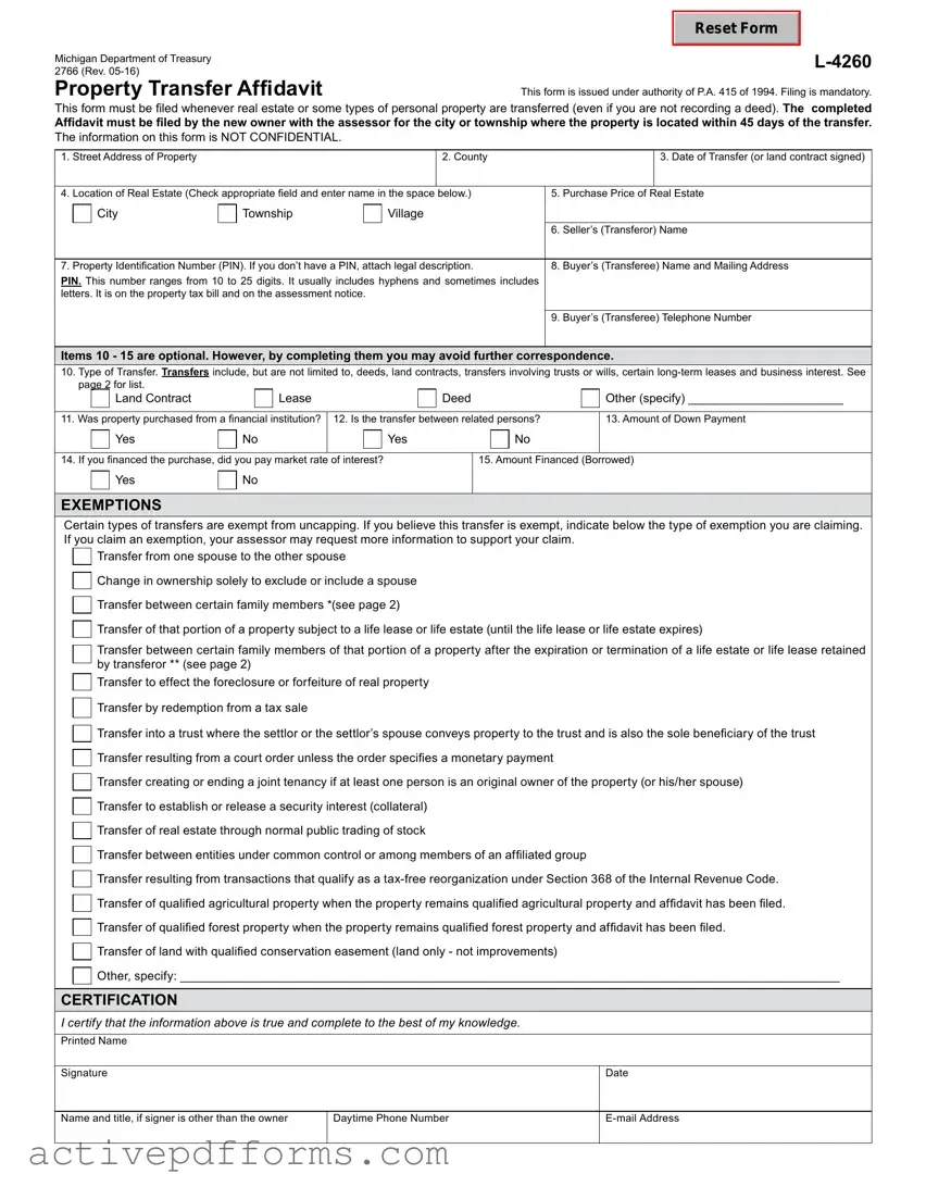 Free Michigan Property Transfer Affidavit 2766 PDF Template
