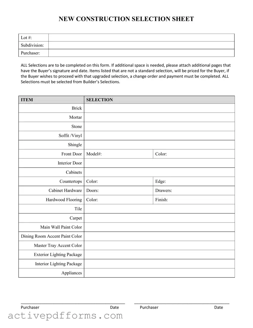 Free New Construction Selection Sheet PDF Template