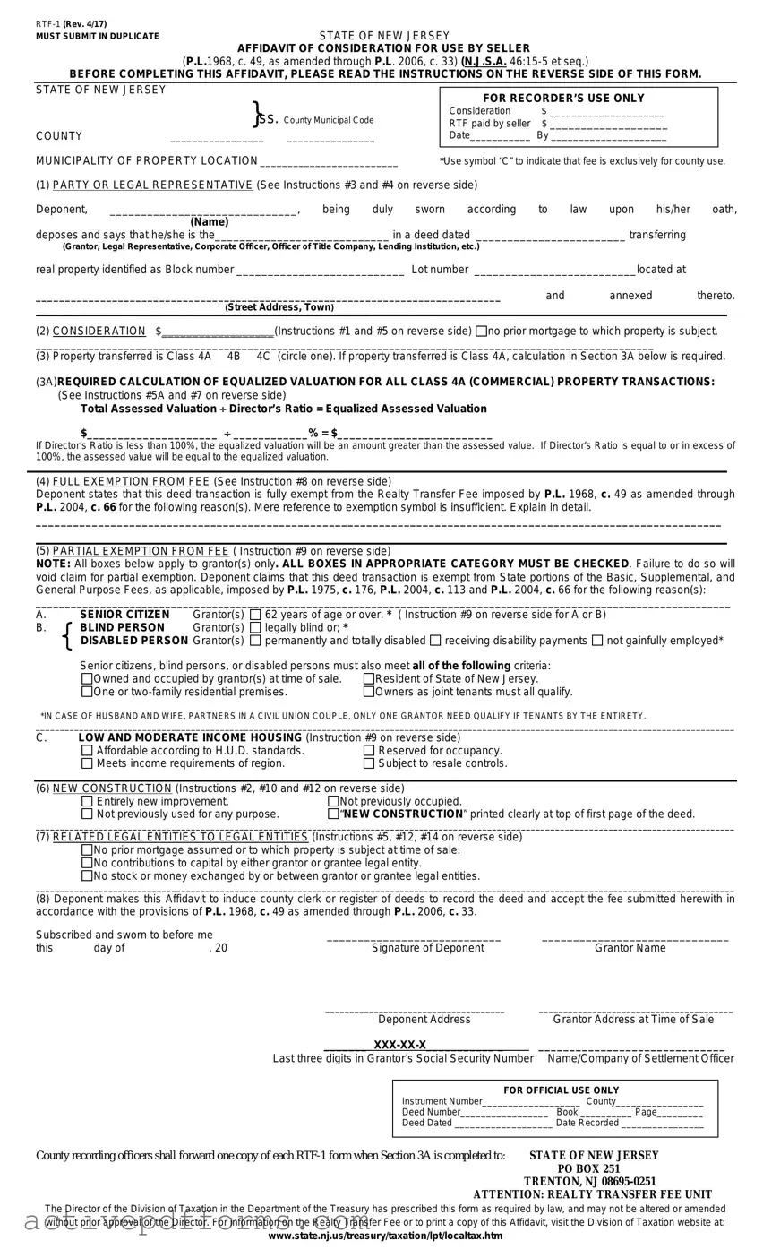 Free New Jersey Affidavit of Consideration RTF-1 PDF Template