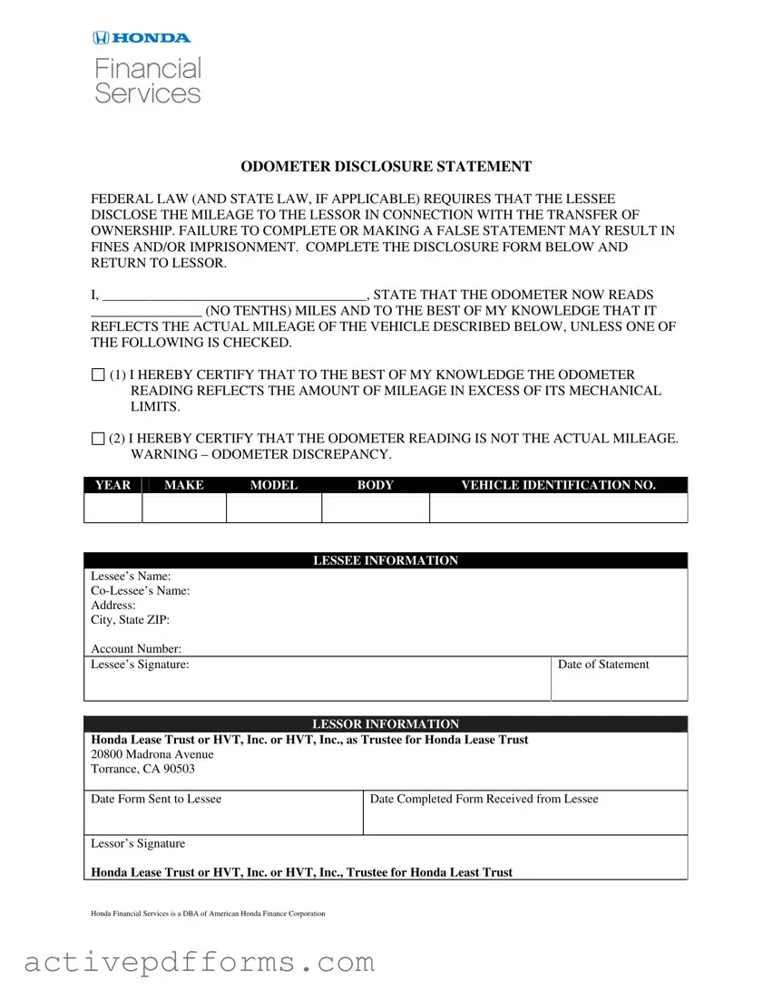 Free Honda Odometer Statement PDF Template