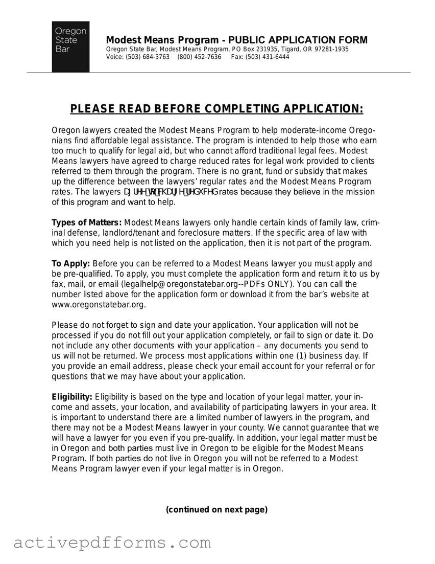 Free Oregon Modest Means Program PDF Template
