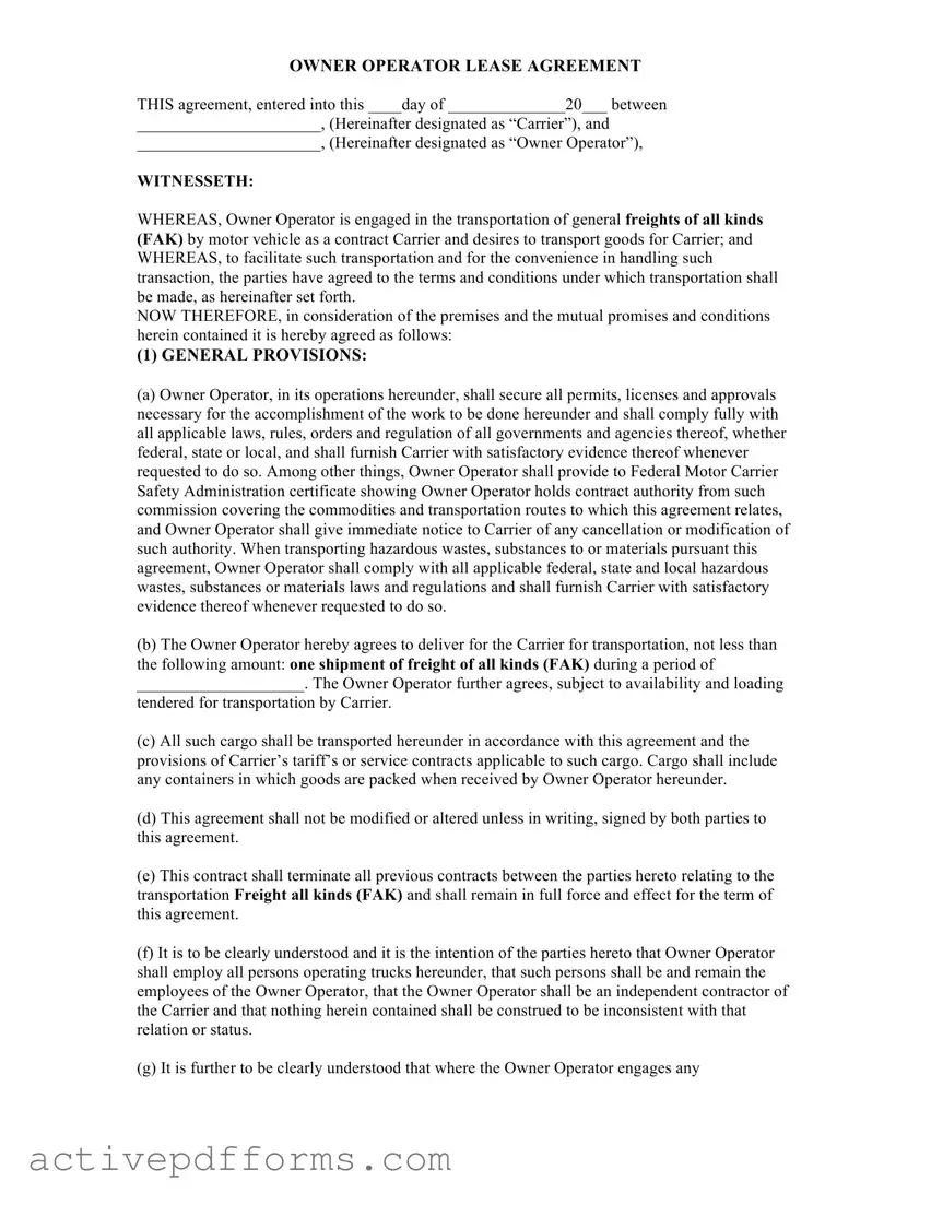 Free Owner Operator Lease Agreement PDF Template