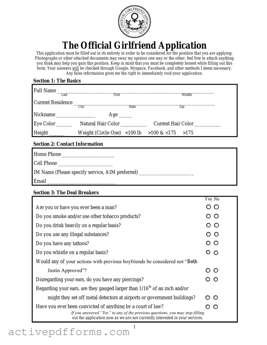 Free Girlfriend Application PDF Template