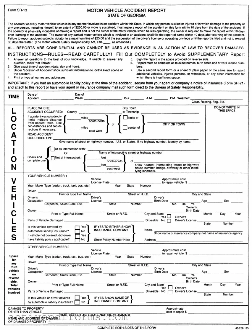 Free Personal Accident Report Sr 13 Ga PDF Template