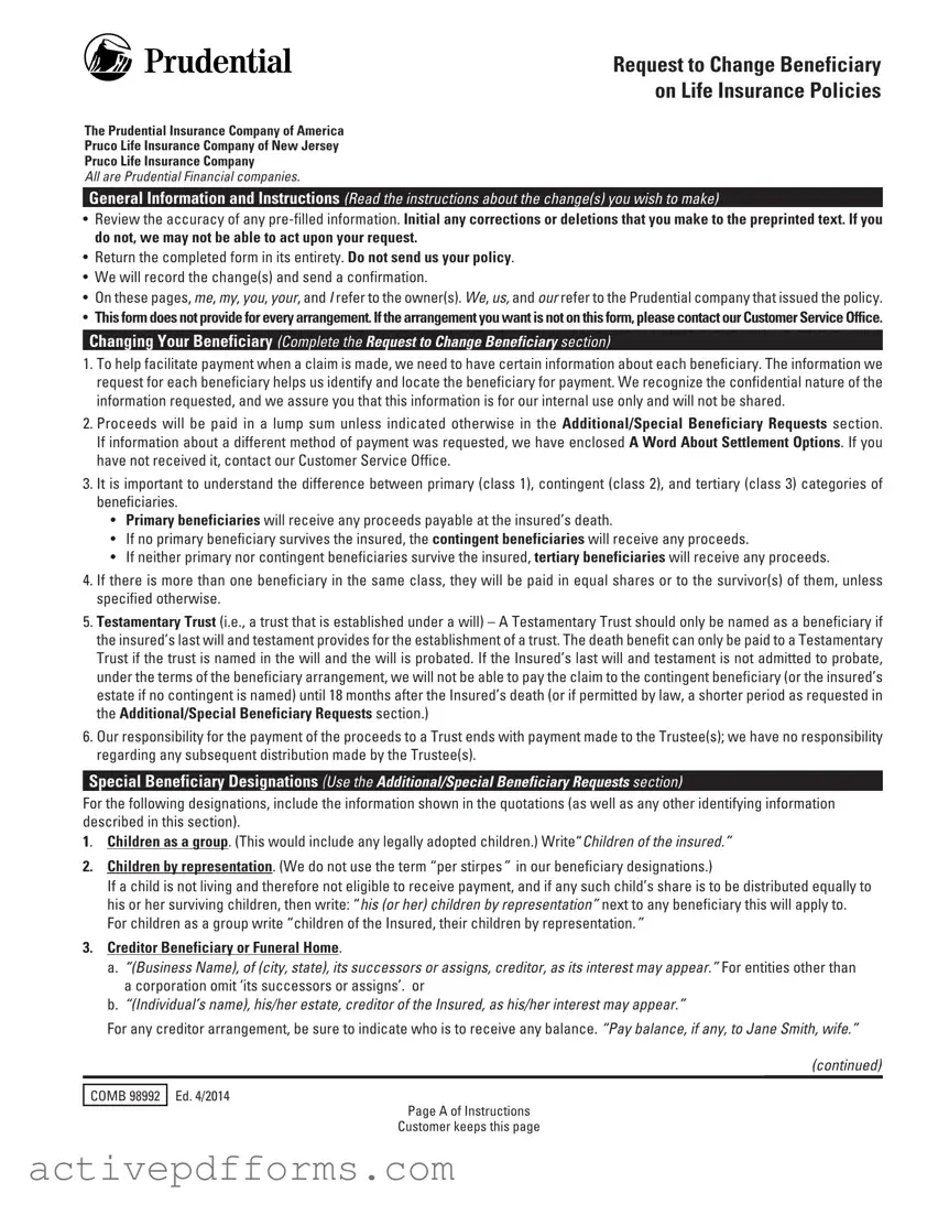 Free Prudential Change Beneficiary PDF Template