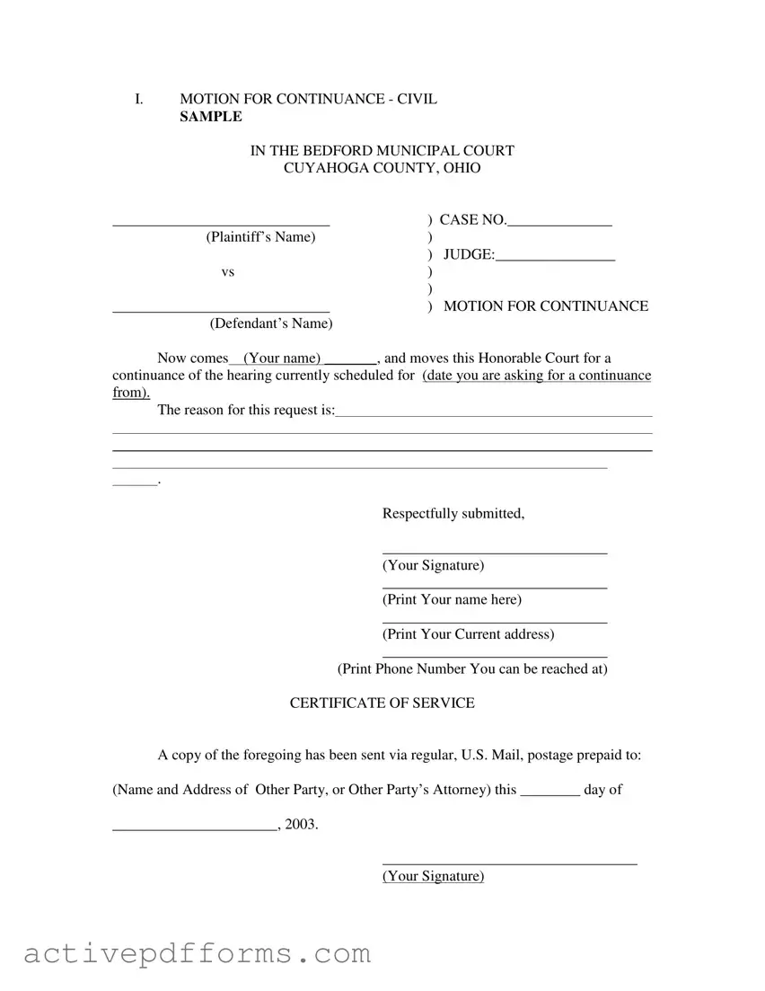 Free Motion For Continuance PDF Template