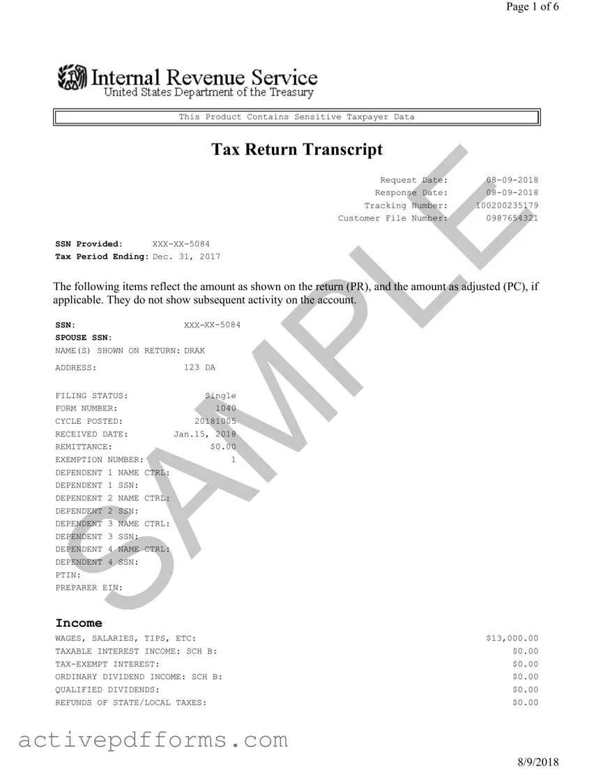 Free Sample Tax Return Transcript PDF Template