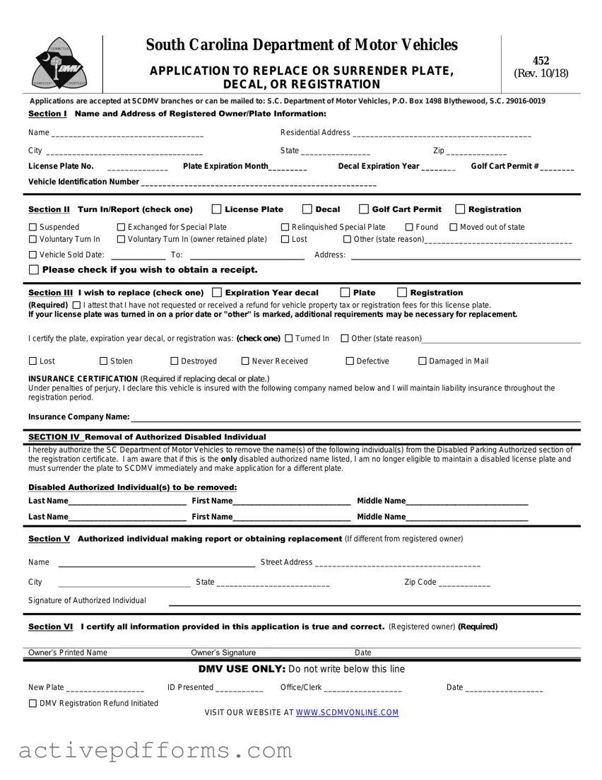 Free Sc 452 Dmv PDF Template