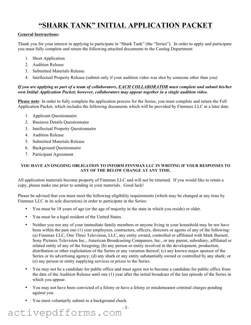 Free Shark Tank Application PDF Template