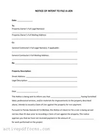 Free Intent To Lien Florida PDF Template