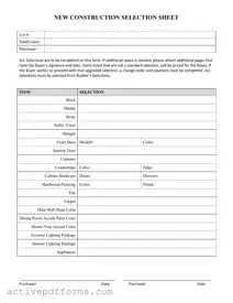 Free New Construction Selection Sheet PDF Template