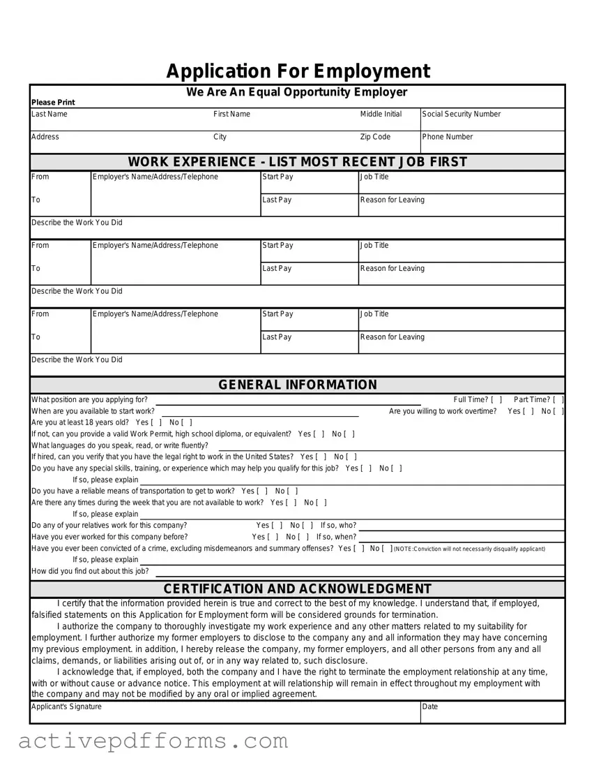 Free Spanish Application Employment PDF Template