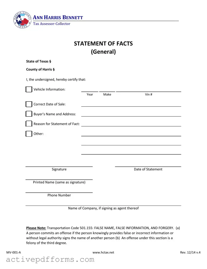 Free Statement Of Fact Texas PDF Template