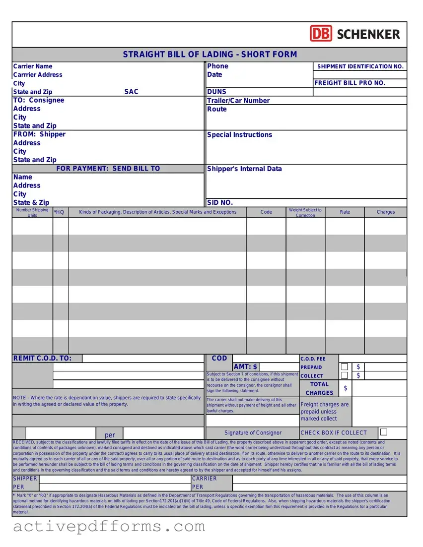 Free Straight Bill Of Lading PDF Template