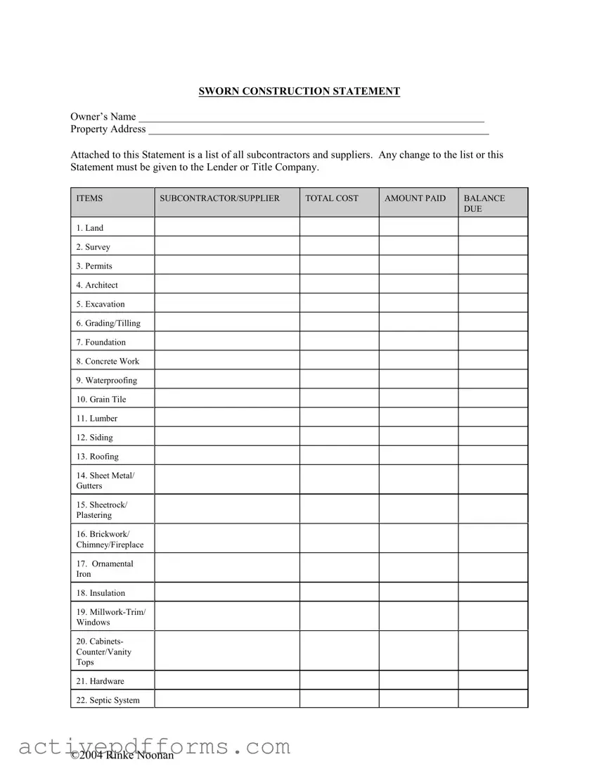 Free Sworn Construction Statement PDF Template